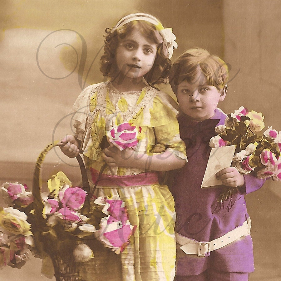 Antique French Tinted Photo Postcard Cute Children with Flowers RPPC from Vintage Paper Attic