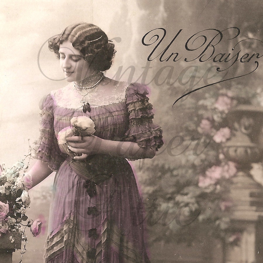 Antique French Postcard 1908 RPPC Tinted Photograph Edwardian Woman in Mauve Dress from Vintage Paper Attic