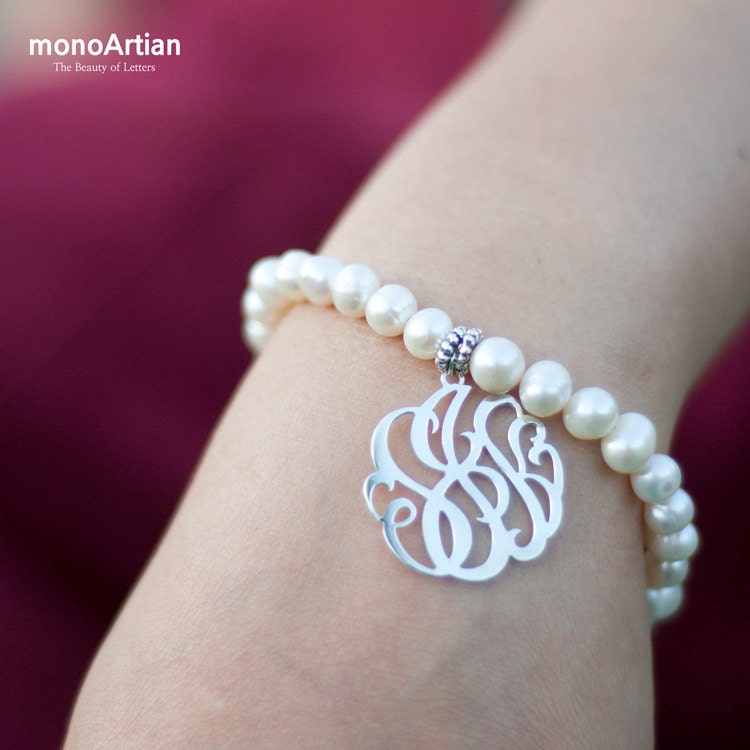 Pearl monogram bracelet-monogram pendant 1inch - freshwater pearls