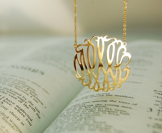 Gold Monogram Necklace- 1" initial necklace- Gold pendant Hand sketch&Hand Craft
