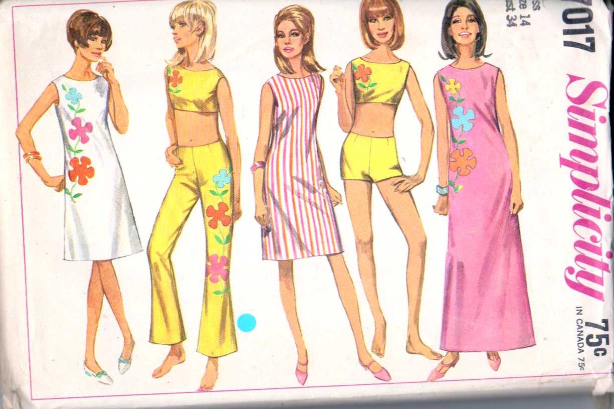 60's Bra Crop Top Hip Hugger Pants Shift Dress Shorts Size 14 Bust 34 Simplicity 7017