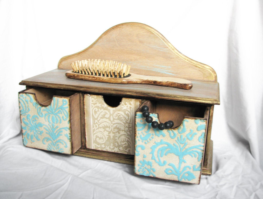 Grayed Jade and Dusk Blue Get organized with ultramarine Green rustic home mini-cabinet mint, ivory,three drawers, gift for her