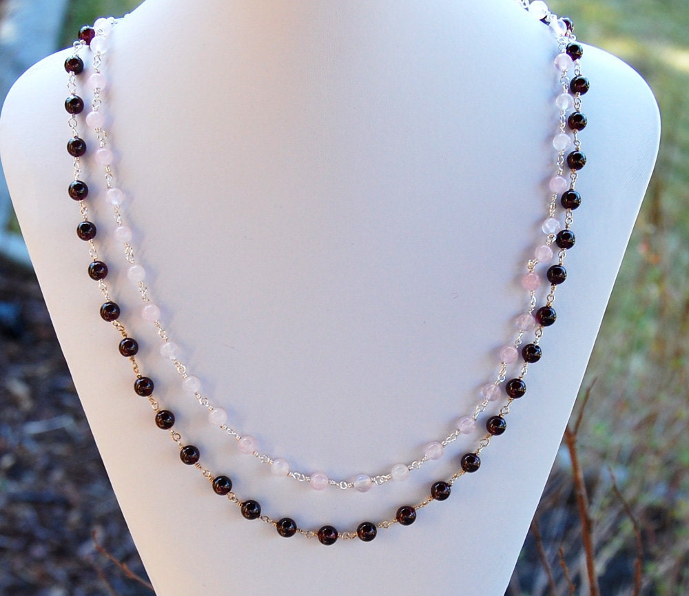 Garnet and Rose Quartz Necklace - Strand Necklace - January Birthstone - Statement Necklace