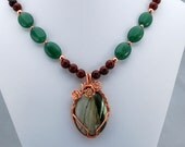 Copper Wrapped Green Jasper Pendant with Jade and Mahogany Obsidian Statement Necklace