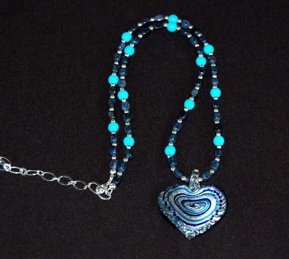 Turquoise and Dumortierite Handmade Necklace with Cobalt and Silver Glass Heart
