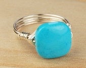 Sterling Silver Filled Ring - Wire Wrapped with Rounded Square Turquoise Colored Gemstone - Size 4, 5, 6, 7, 8, 9, 10, 11, 12, 13, 14