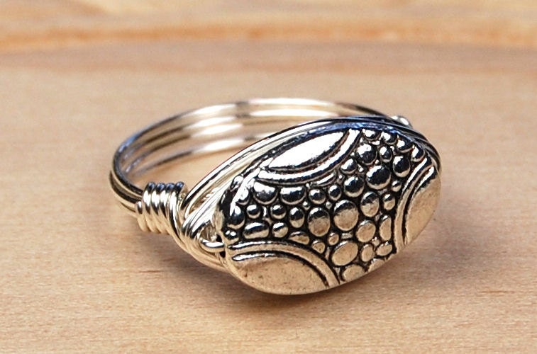 Wire Wrapped Ring- Sterling Silver Filled Wire with Oval Pewter Pebble Bead - Any Size- Size 4, 5, 6, 7, 8, 9, 10, 11, 12, 13, 14