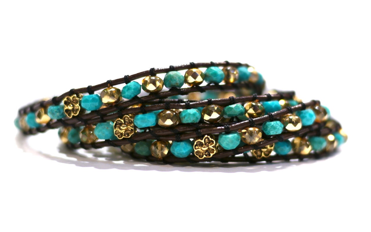5 wrap bracelet, blue turquoise wrap bracelet,  gold wrap bracelet, brown  bracelet, blue bracelet, gold bracelet