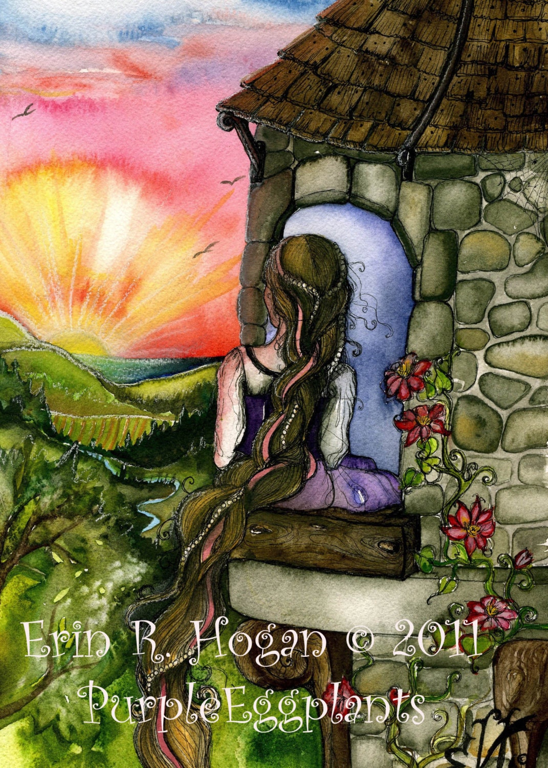 Rapunzel 8x10 watercolor fantasy children's playroom, nursery wall art print