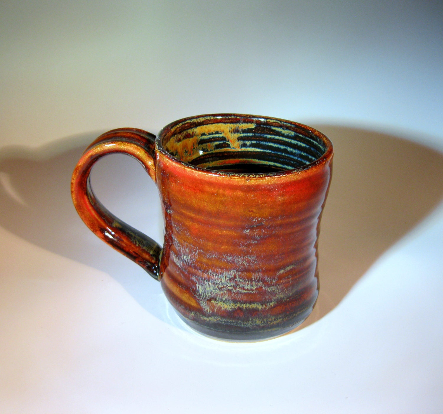 Large Blue Handmade Ceramic Coffee Mug Pottery Dark Navy and Red Glaze