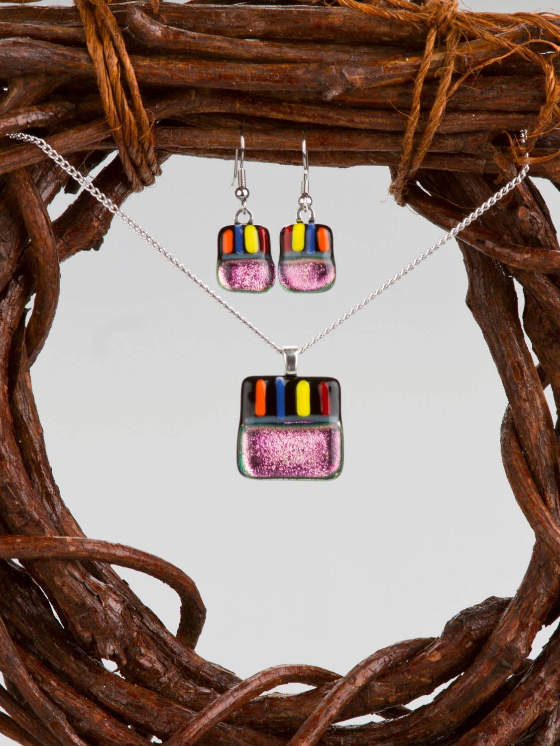 Striped Dichroic Fused Glass Jewelry Set