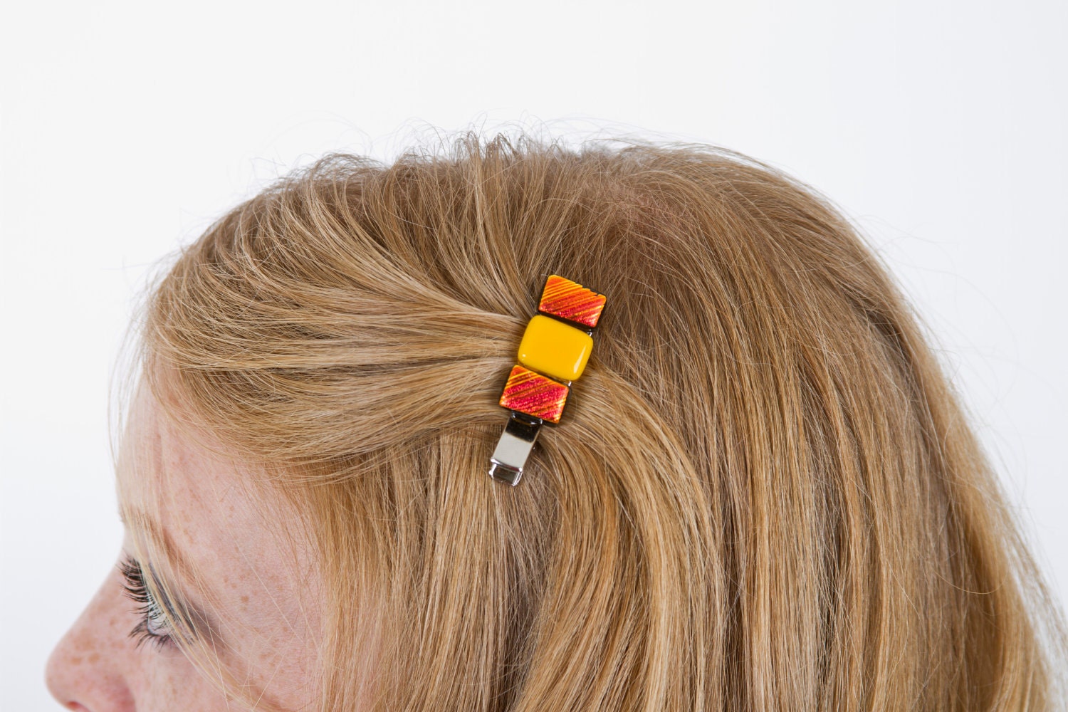 Fiery Night Hair Clip with Orange, Red, and Gold Fused Dichroic Glass