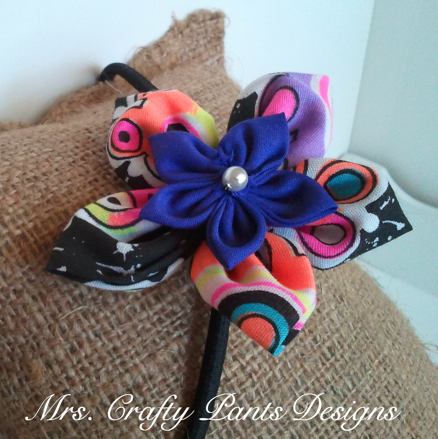 Fabric Flower Headband, Double Lily, Retro & Purple, Elastic