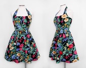 Floral Halter Dress with Full Skirt Open Back Size Medium Large 1980s Vintage