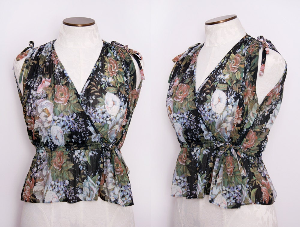Semi Sheer Cropped Peplum Floral Blouse 1970s Size Small Vintage