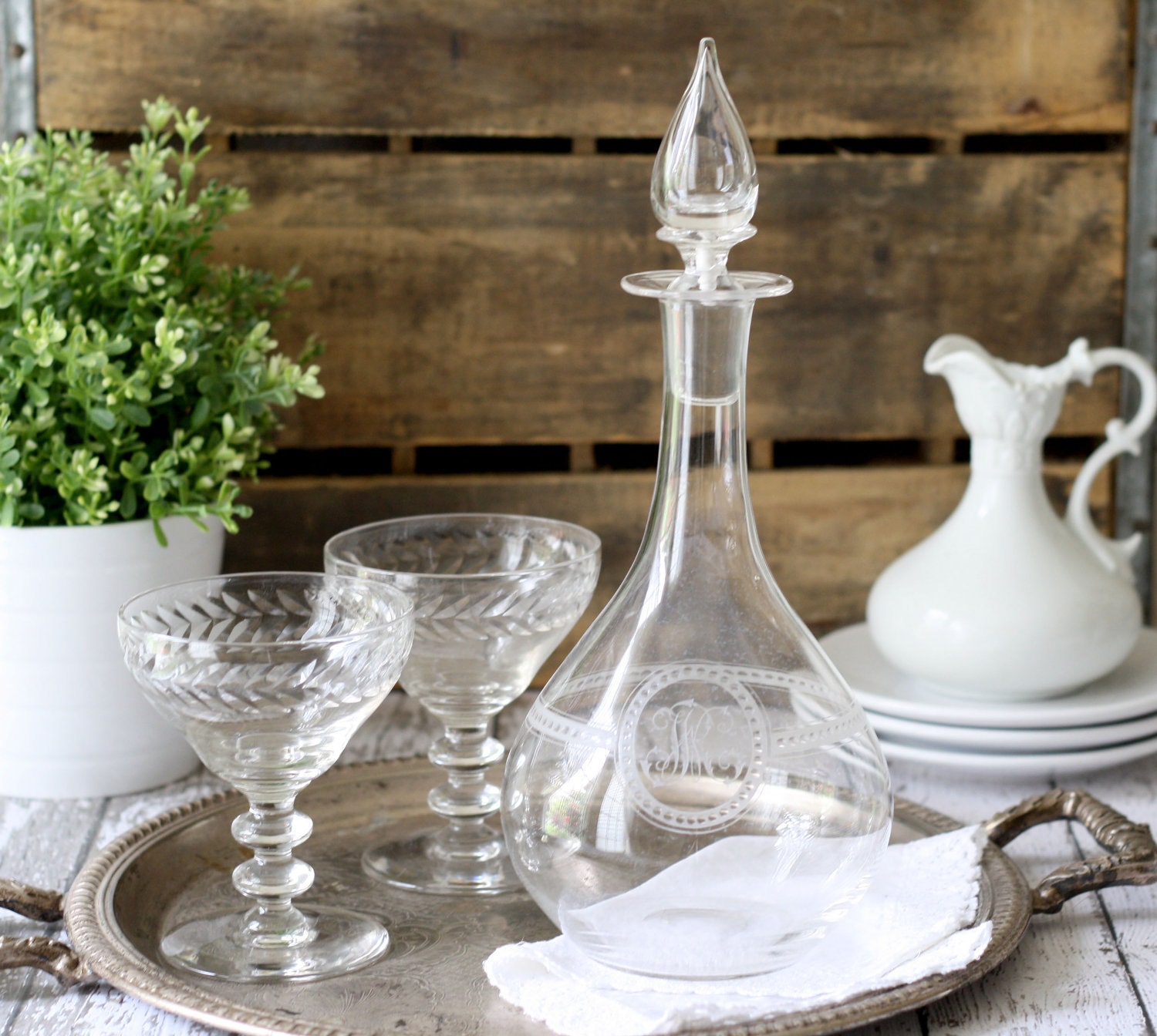 Reserved for Hannah - Vintage Etched Glass Decanter with Monogram - "R"