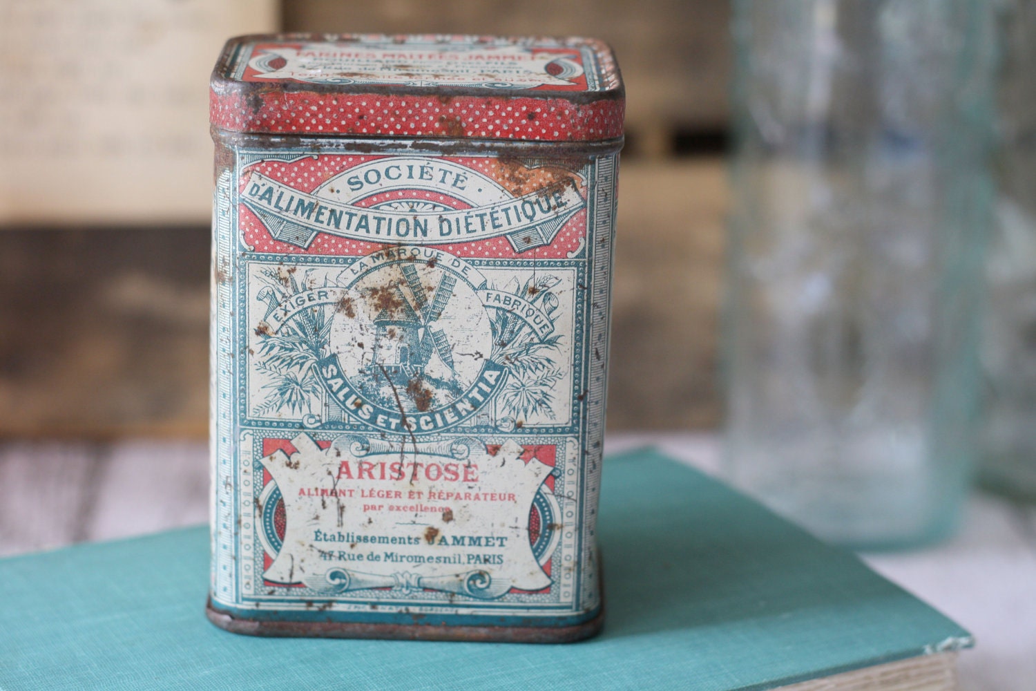 Antique French Tin - Malted Flour Tin - Teal and Pink - Very old and Rare - circa 1900's