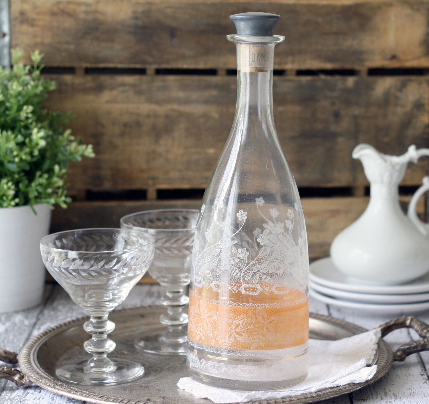 Vintage French Etched Bottle with flowers and tangerine stripe detail