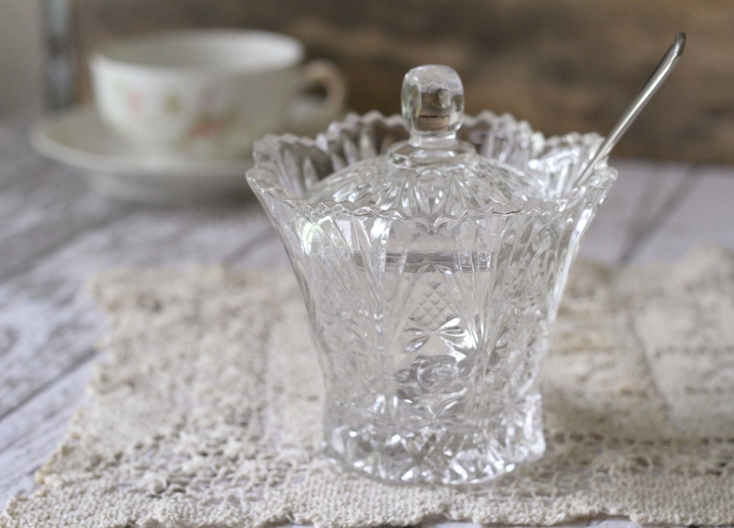Vintage Cut Glass Sugar bowl or Jam Pot