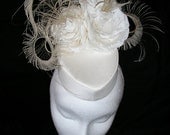 Wedding Fascinator Hat- 1940's Silk Ivory Pill Box with Roses and Peacock Swords