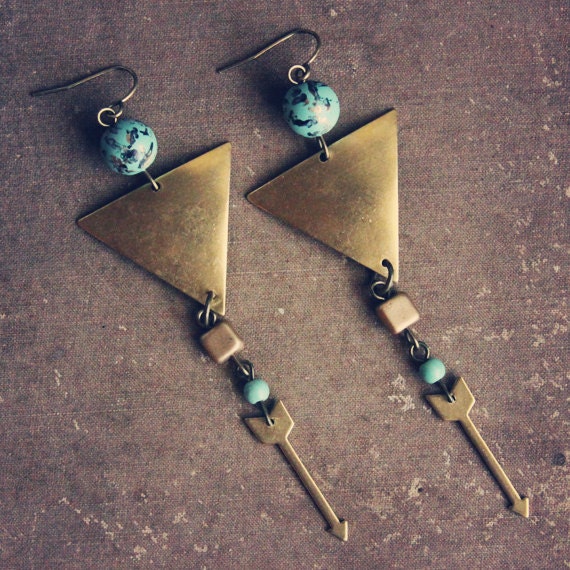 sonora. a pair of teal and brass arrow triangle earrings.