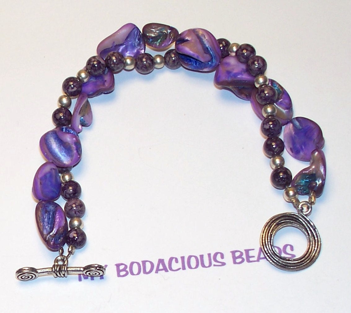 Handmade  7" DOUBLE STRAND BRACELET Purple Natural Shell and Fossil Beads Silver Accent Beads Silver Toggle