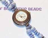 Handmade  7" Double Strand Sky Blue Cats Eye Beaded QUARTZ WATCH BRACELET with Silver Accents and Toggle Closure