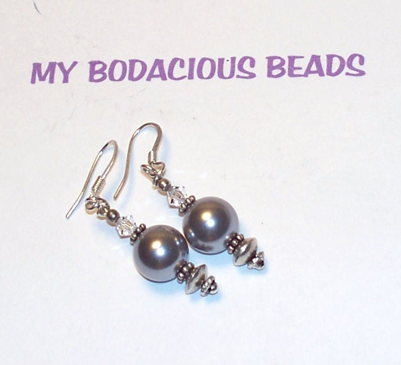 Handmade 1 3/4"  Silver Gray GLASS PEARL Dangle EARRINGS  Elegant with Swarovski Crystal Silver Accents and Silver Wires