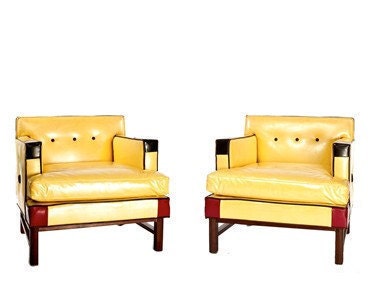 Pair Of Yellow Hollywood Regency Style Leather Chairs Circa 50's