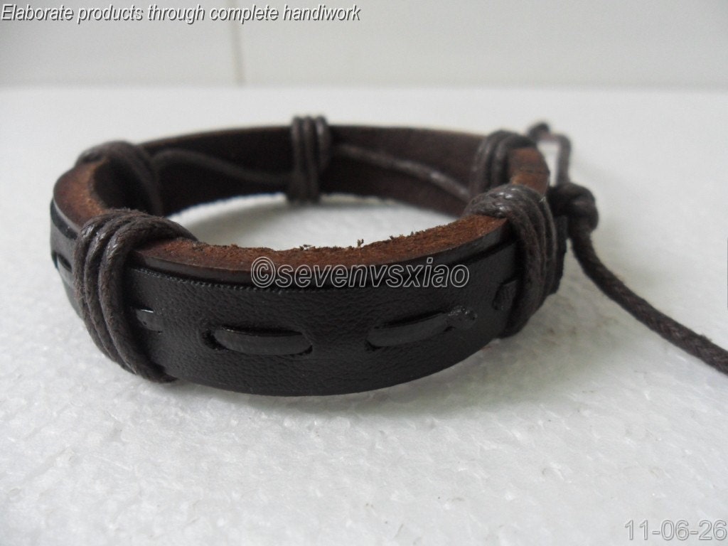 Cuff Bracelet Made Of  Real leather and Hemp ropes  Woven adjustable Leather Bracelet Mens Bracelet105S
