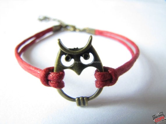 adjustable Red Hemp Ropes Bracelet antique bronze retro style Owl Bracelet Cuff Bracelet 447S