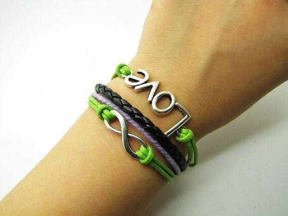 Green Rope and Black Leather Steampunk Bracelet antique silver karma love  bracelet,Infinity Wish Love Bracelet Adjustable Bracelet 908S