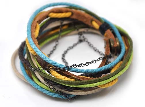Adjustable Bracelet Cuff made of Brown Leather Multicolour Ropes and metal Woven Snapper  44S-A