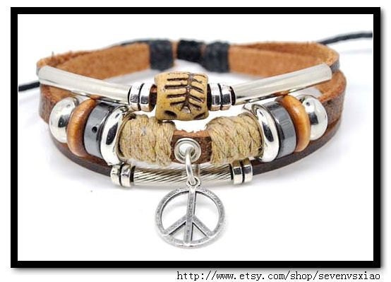 Adjustable Bracelet Cuff made of Leather and Cotton Ropes 278S