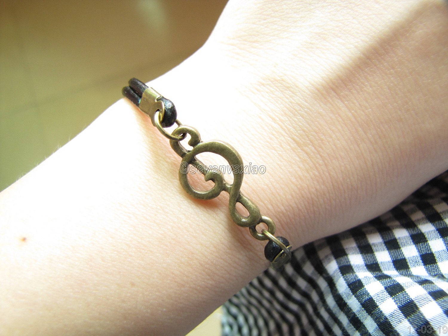 Adjustable Vintage Music Notation Bracelet  with Black Leather Cuff  Bracelet Chain Bracelet Leather Bracelet  Vintage bracelet 467S