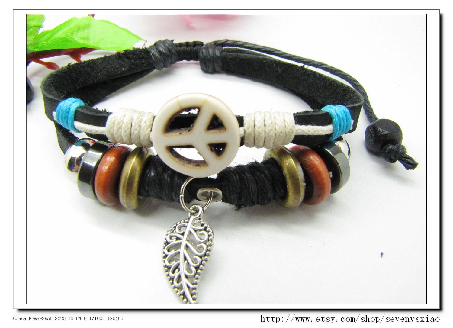 White  Anti-war peace peaceful  Adjustable Couple bracelets Cuff made of Brown Leather Ropes and Color Wooden Beads  607S