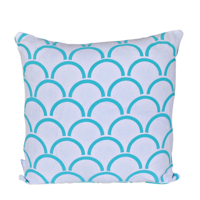 Cushion cover Arches design. Aqua design on white Linen/Cotton 42cm x 42cm