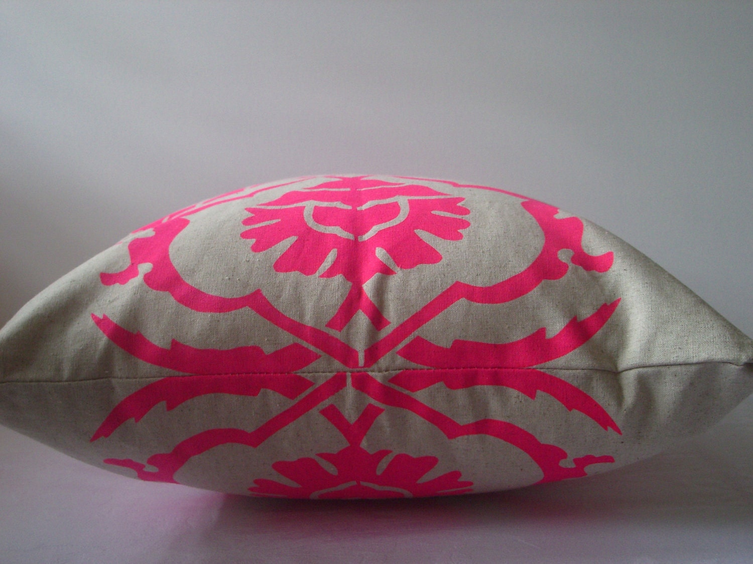 Aqua Door Designs Cushion cover in Floral A. Fluro pink design on sand/beige Linen/Cotton 42cmx42cm