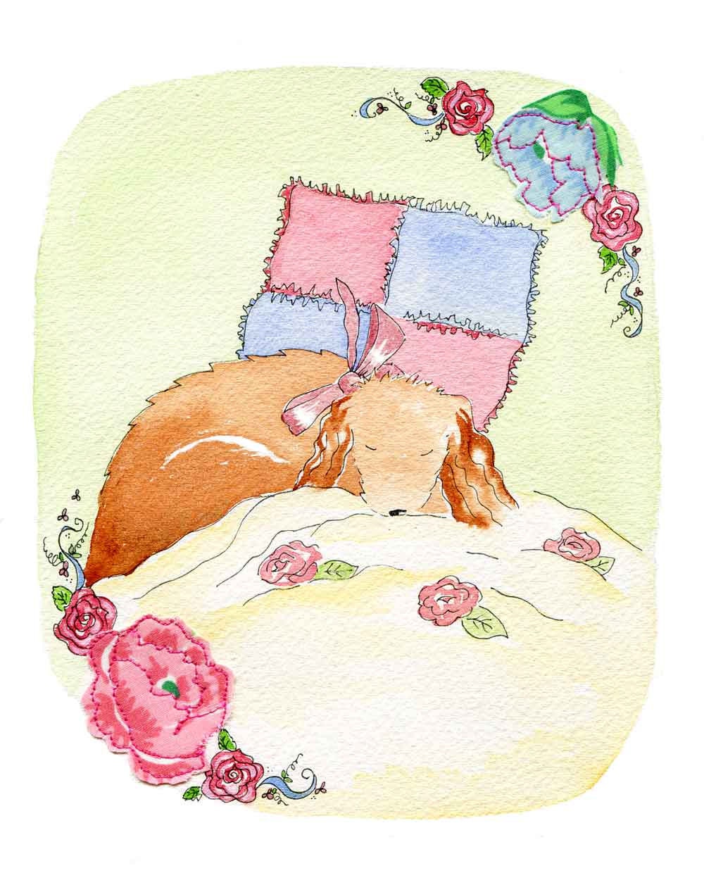 Illustration Art Print Puppy Dog Sleeping  Shabby Chic  8"x 10" pink green blue