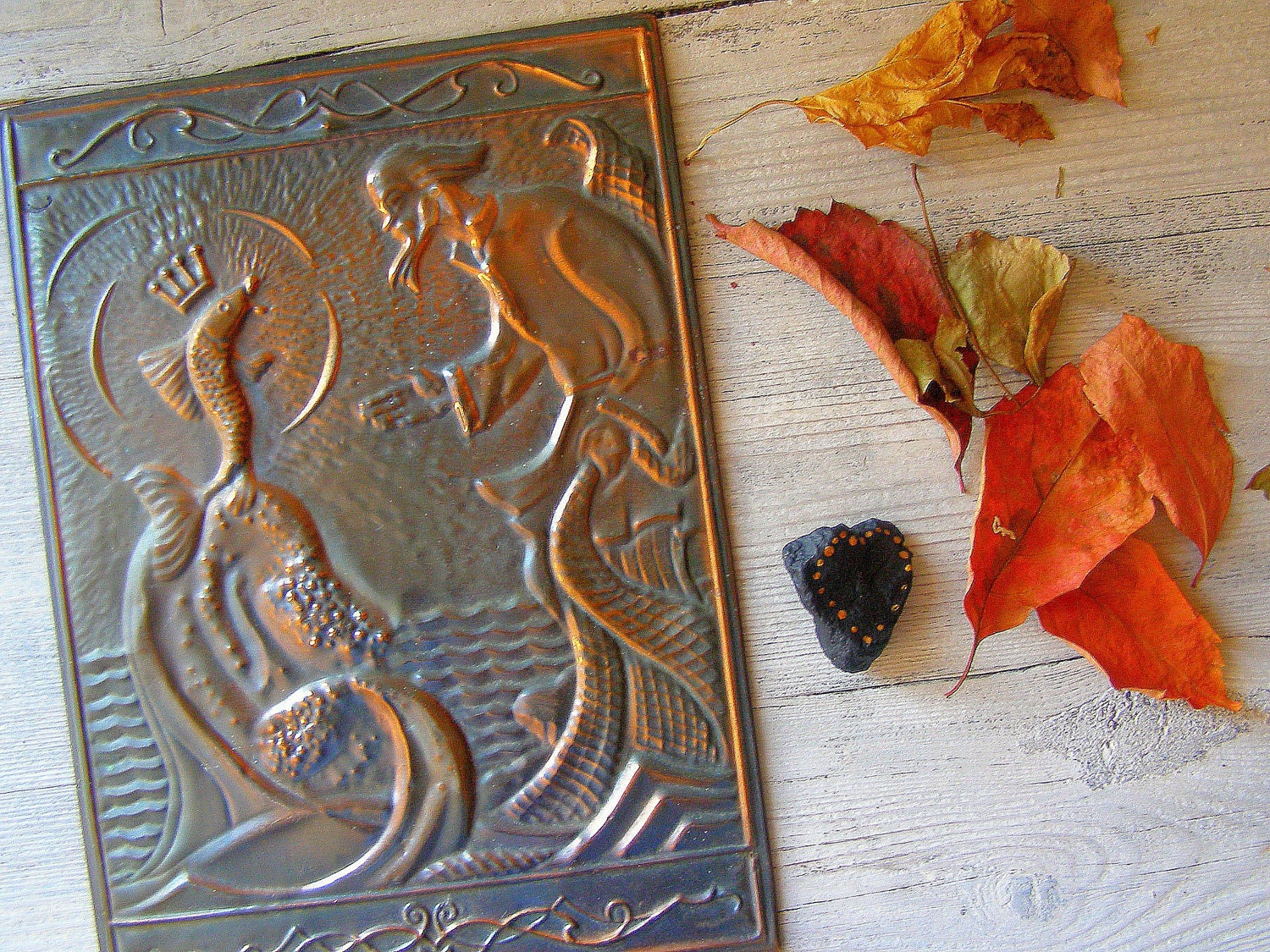 Russian copper wall art, Hammered out Poseidon scene, made in USSR