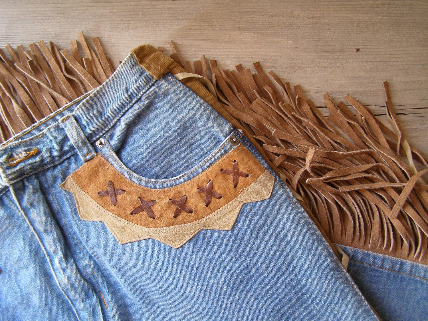 Retro Cowgirl skirt, Boho 70s style Blue denim and leather Fringe long skirt, Bohmians jeans, Hippie, Gypsy
