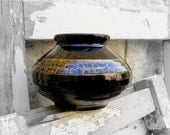 Vintage Black Vase, Black wide vase with golden trim, ceramic vase