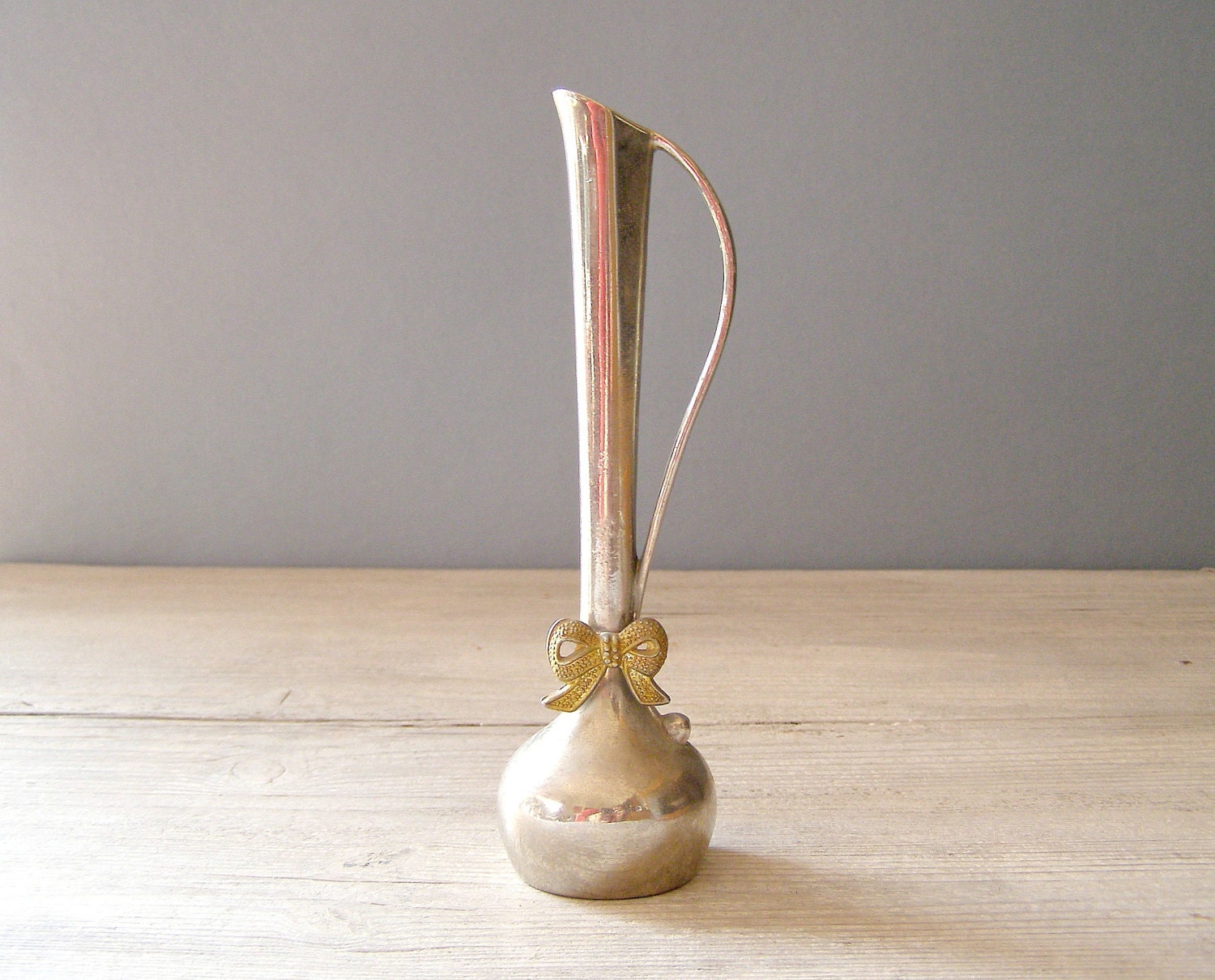 Pewter Bud Vase, Vintage tall vase with a golden bow