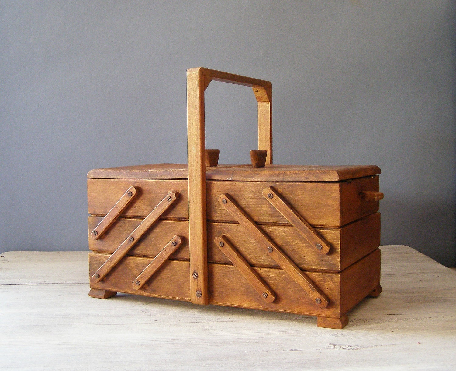 Wood Sewing Box, Vintage accordion storage box, mid century sewing supply