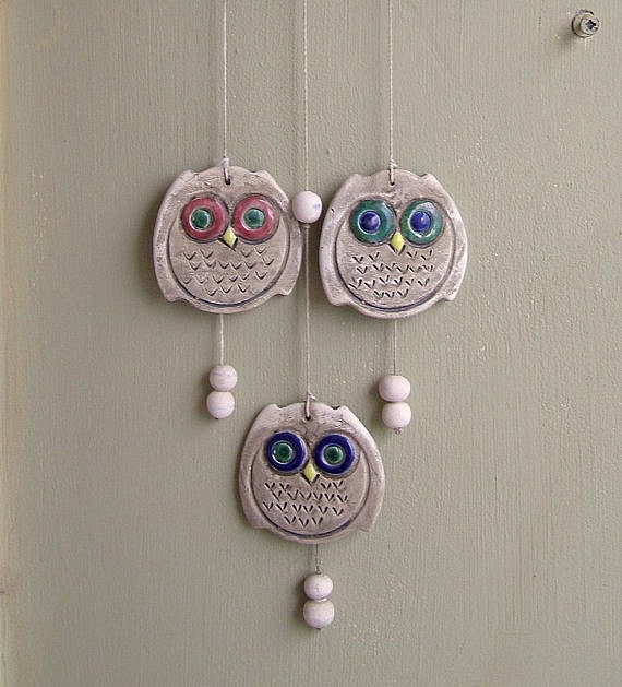 Owls wind bell, Vintage ceramic and wood wind bell