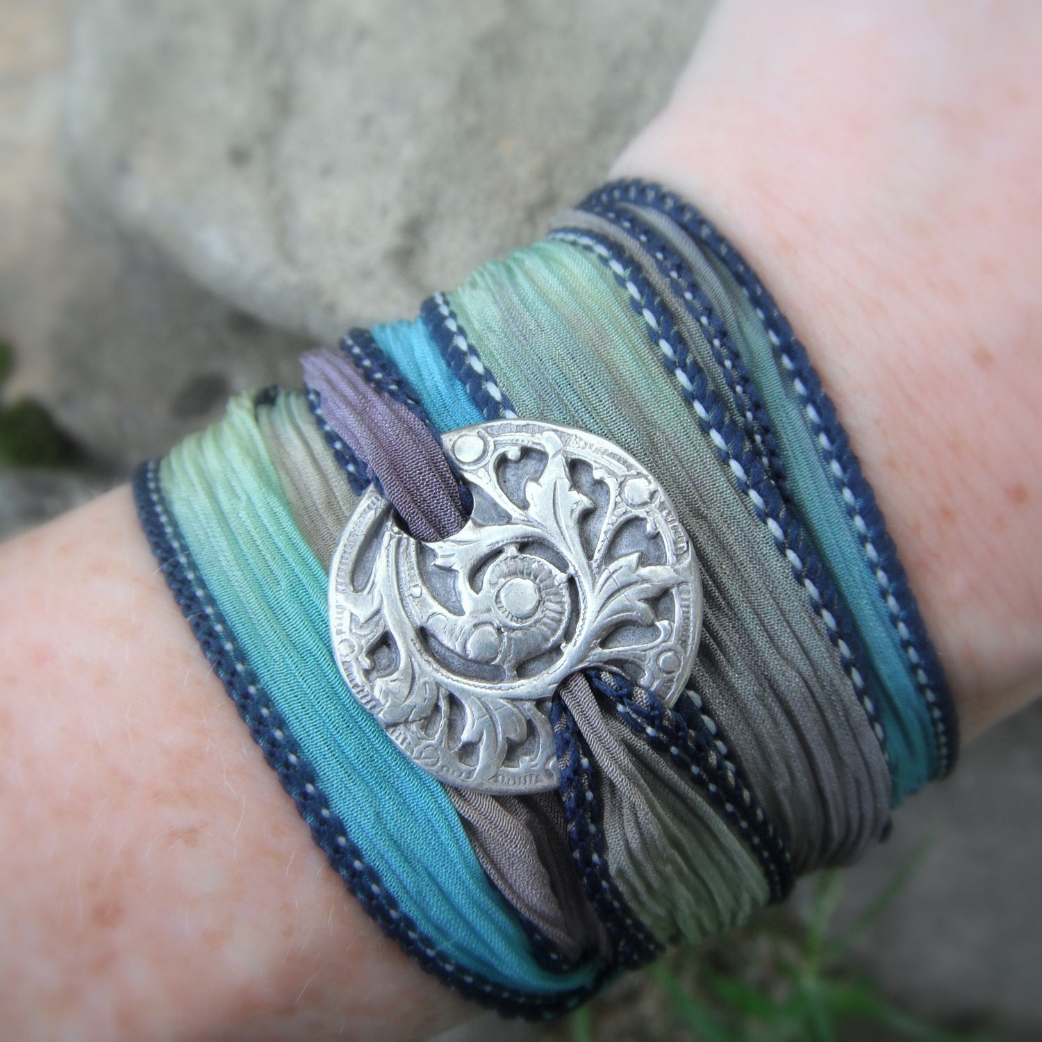 Silk Ribbon Wrap Bracelet- Antique Fern- Silk Wrap Bracelet- Artisan Handcrafted- Recycled Fine Silver