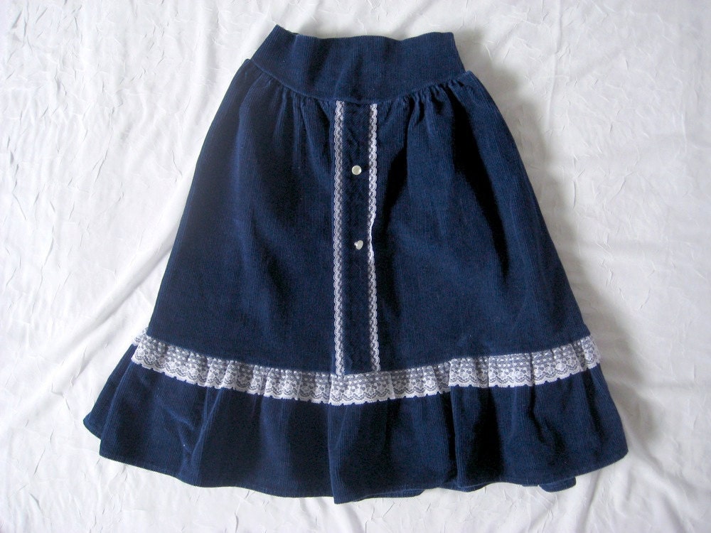 vintage PRAIRIE SKIRT BOHO Navy Blue Corduroy Lace Size 7