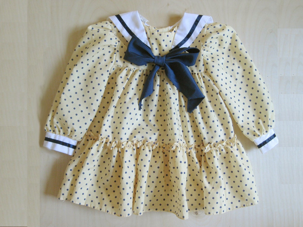 vintage kids YELLOW SAILOR POLKADOT Dress Nautical Navy 4T