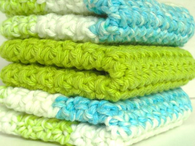 Crocheted Cotton Washcloths Dishcloths Set of 3 in Tropical Breeze Colors of Lime Green Aqua Blue & White