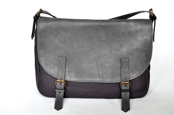 Messenger Bag leather and canvas handbag shoulder bag grey bag